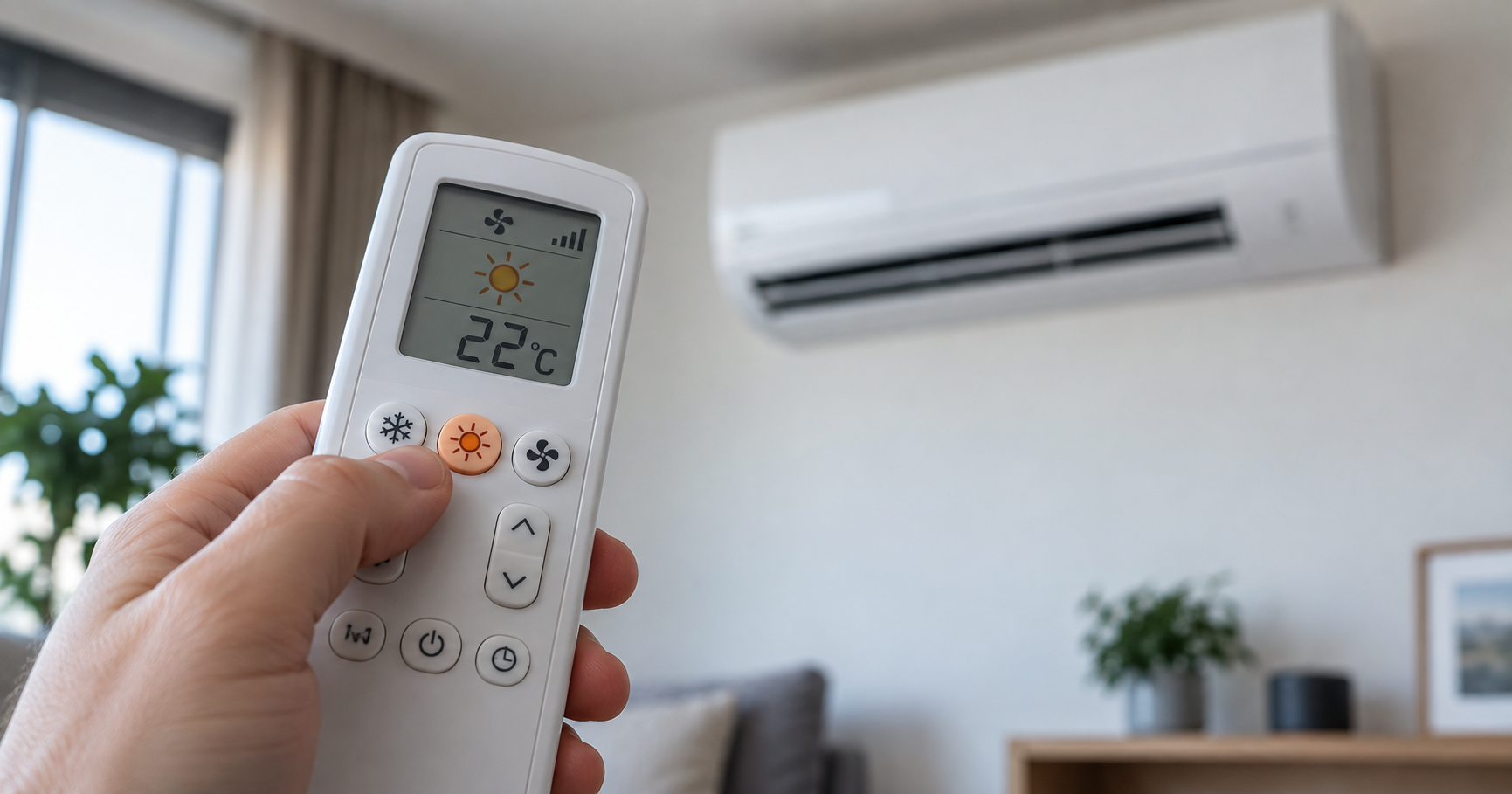 Mando de aire acondicionado en modo calor con el símbolo del sol