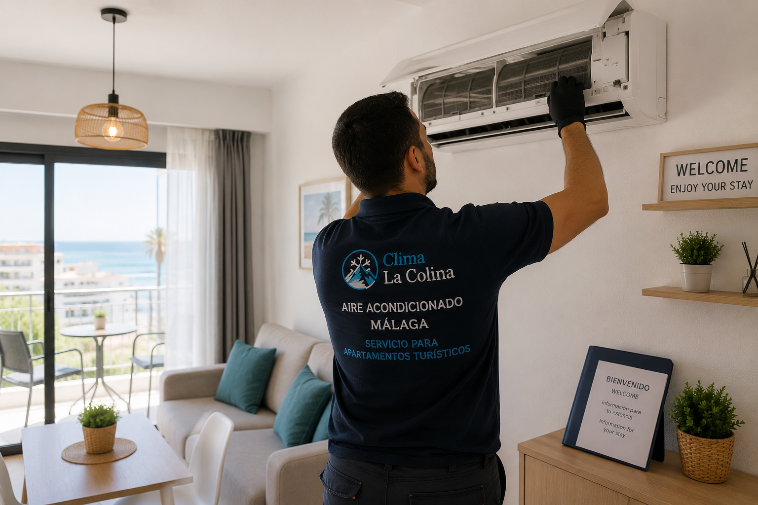 Técnico revisando aire acondicionado en un apartamento turístico de Málaga