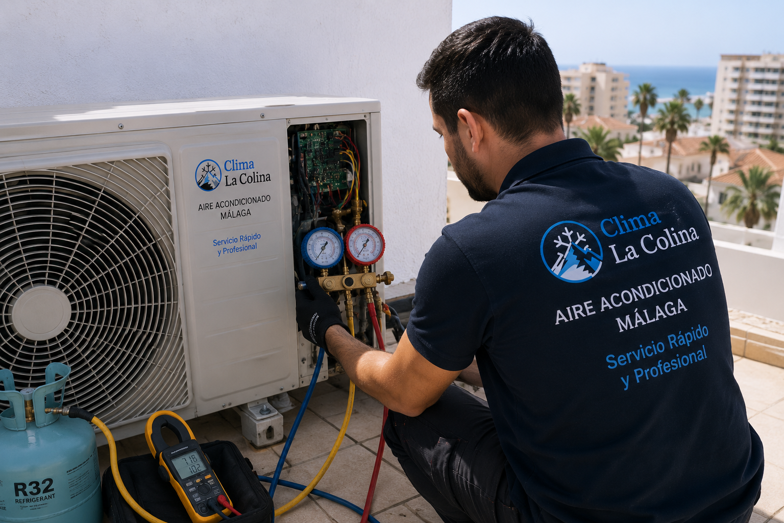 Técnico comprobando presiones y refrigerante R32 en un aire acondicionado en Málaga
