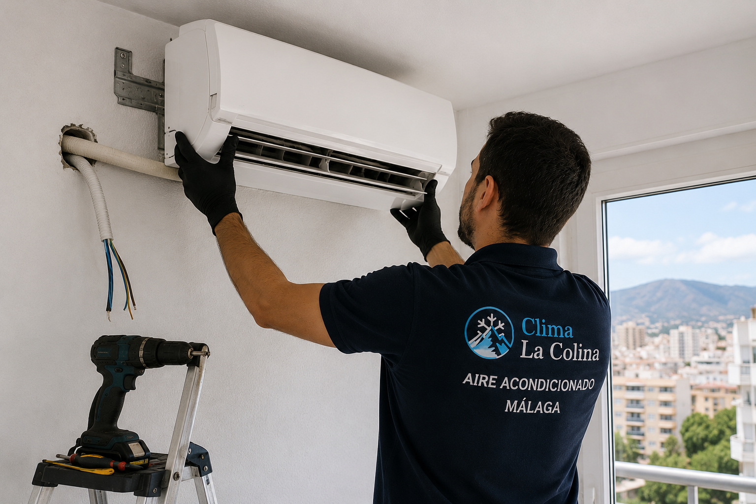 Técnico instalando un aire acondicionado split en una vivienda de Málaga capital