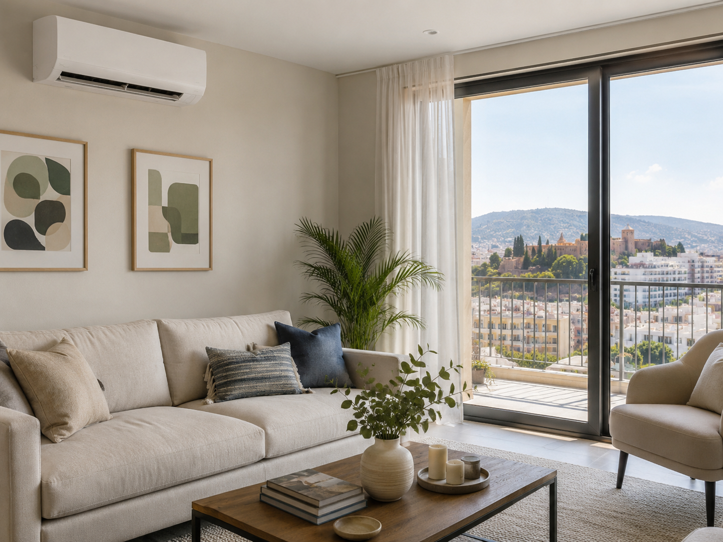 Salón elegante con aire acondicionado split instalado en una vivienda de Málaga
