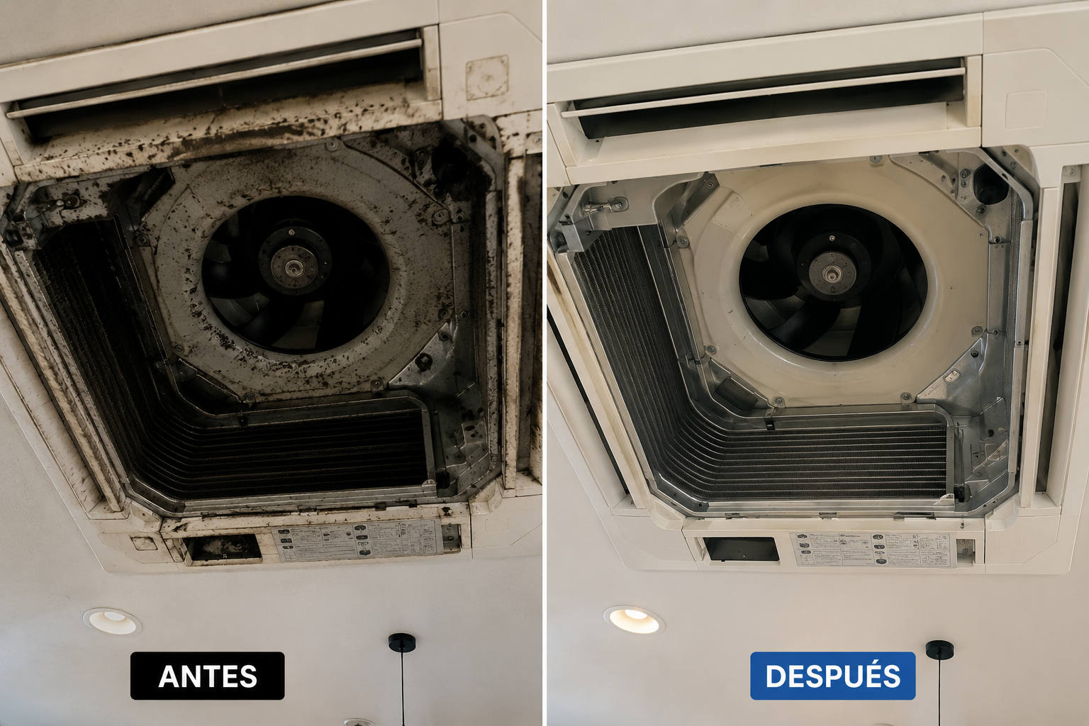 Antes y después de la limpieza de un aire acondicionado cassette en Málaga