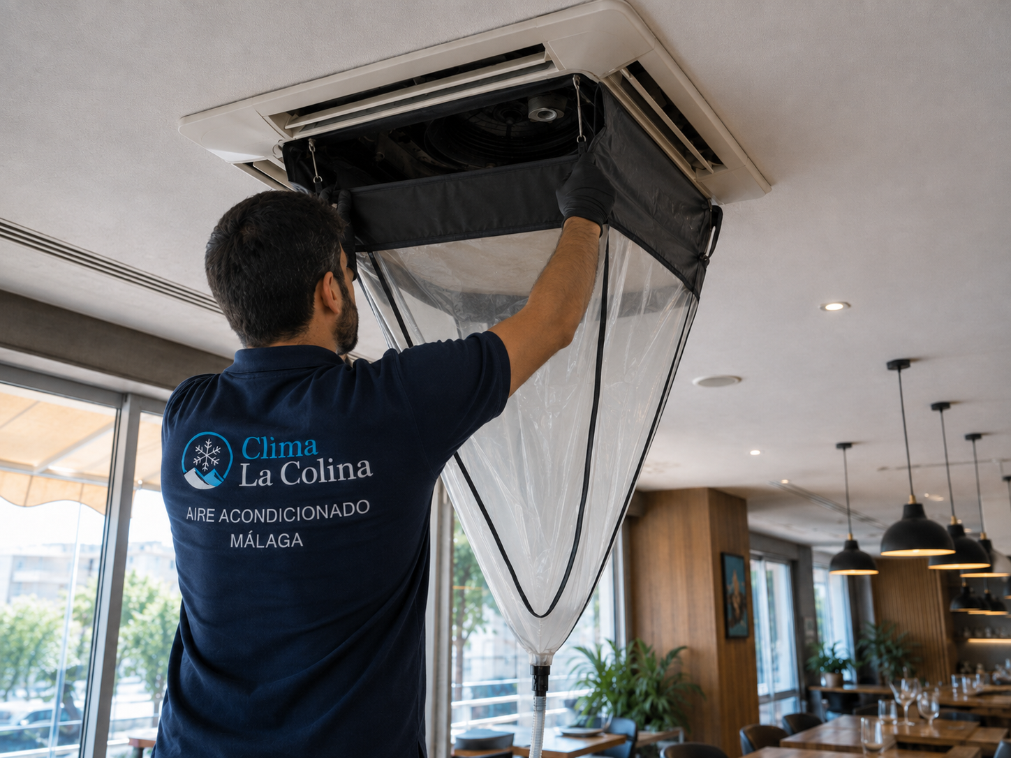 Limpieza profesional de aire acondicionado cassette en un negocio de Málaga