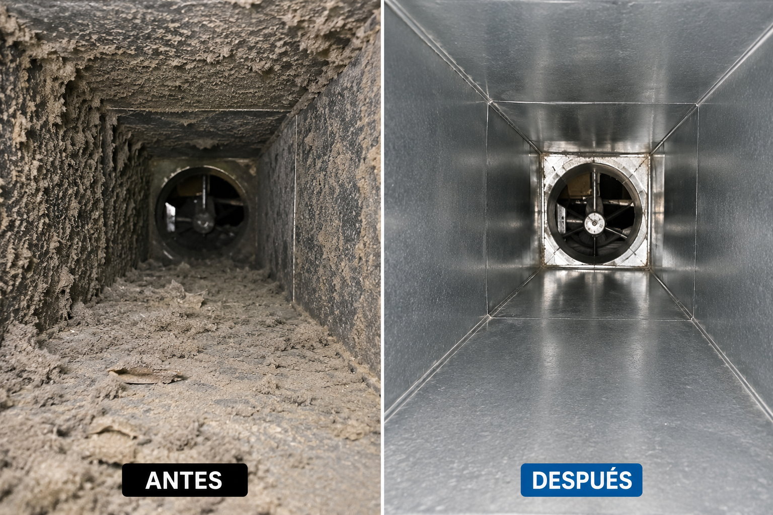 Antes y después de la limpieza de conductos de aire acondicionado en Málaga