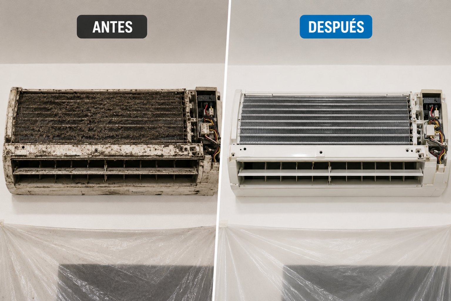 Antes y después de la limpieza de un aire acondicionado split en Málaga