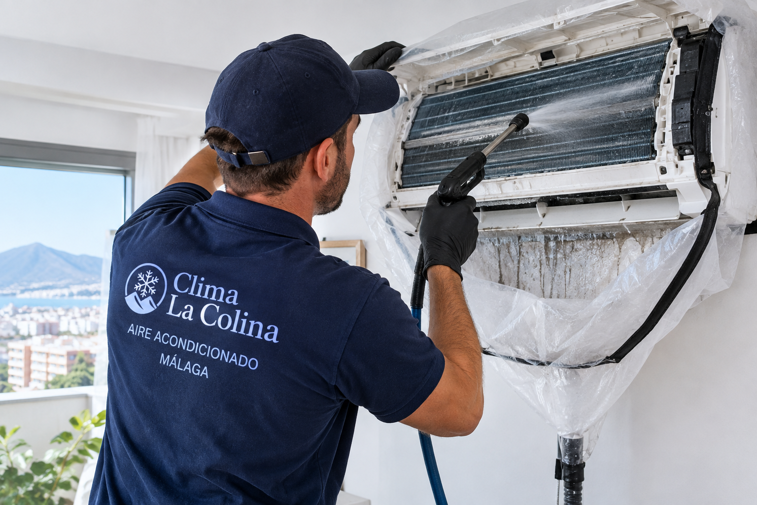 Técnico realizando limpieza profunda de aire acondicionado split en Málaga capital