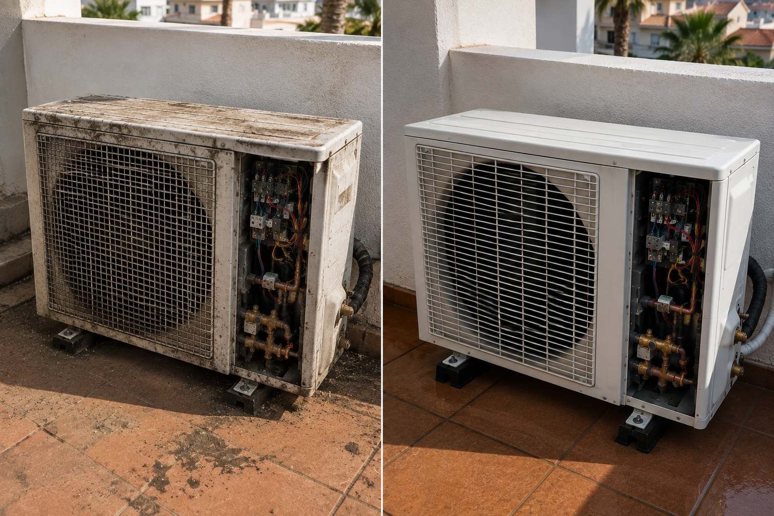 Antes y después de la limpieza de una unidad exterior de aire acondicionado en Málaga