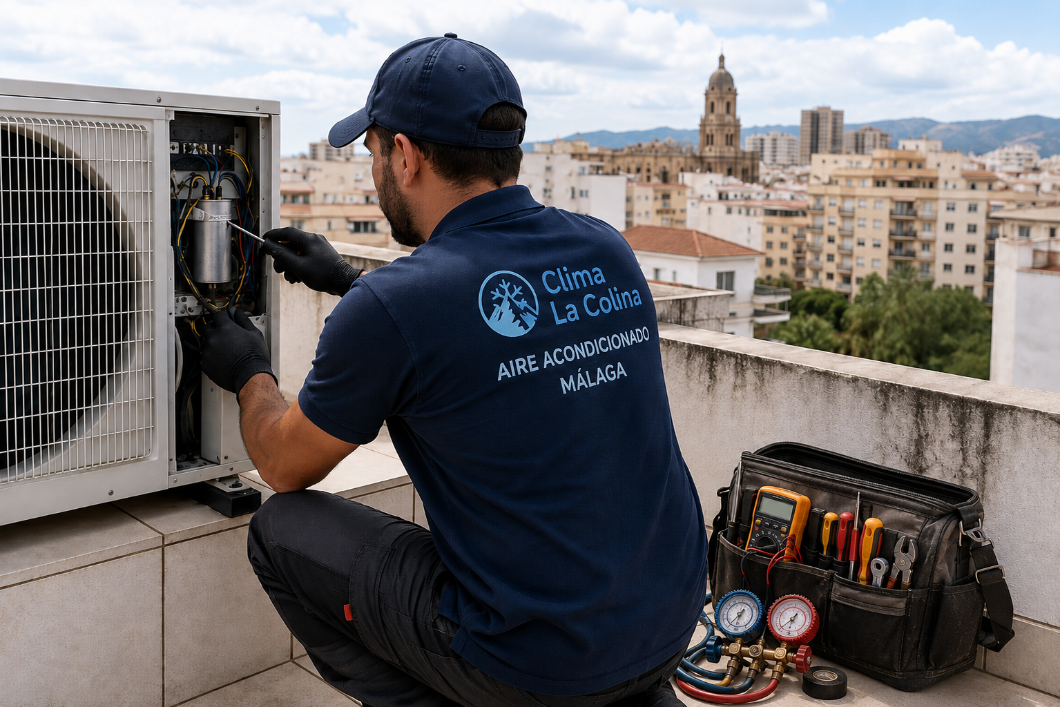 Técnico reparando una unidad exterior de aire acondicionado en Málaga
