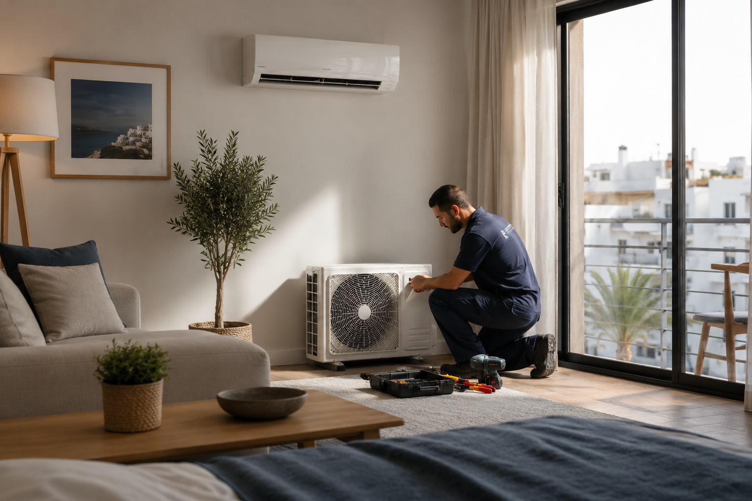 Técnico revisando aire acondicionado split en apartamento turístico tipo Airbnb